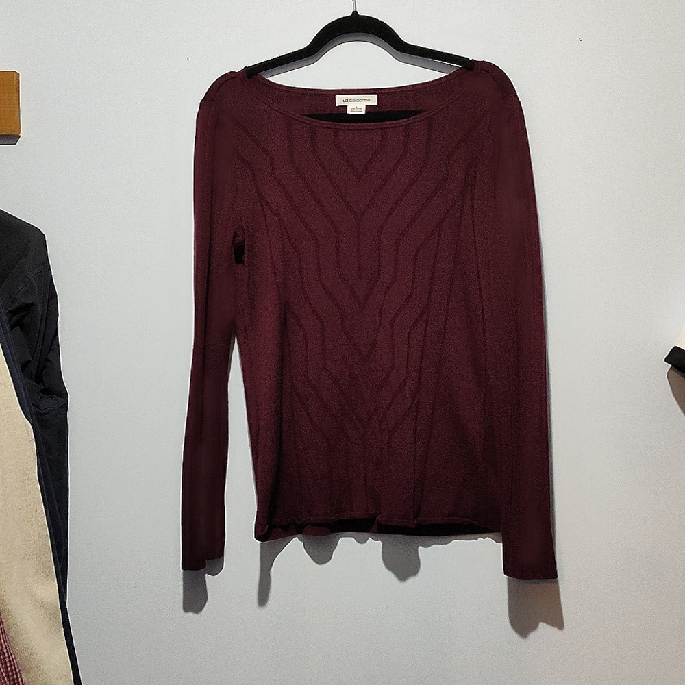 Liz Claiborne Size L Sweater Burgundy Ribbed Design Long Sleeves